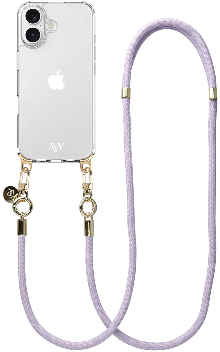 AVY Case geschikt voor Apple iPhone 16 | Transparant Hoesje Met Telefoonkoord 130CM | Crossbody Tressé Purple