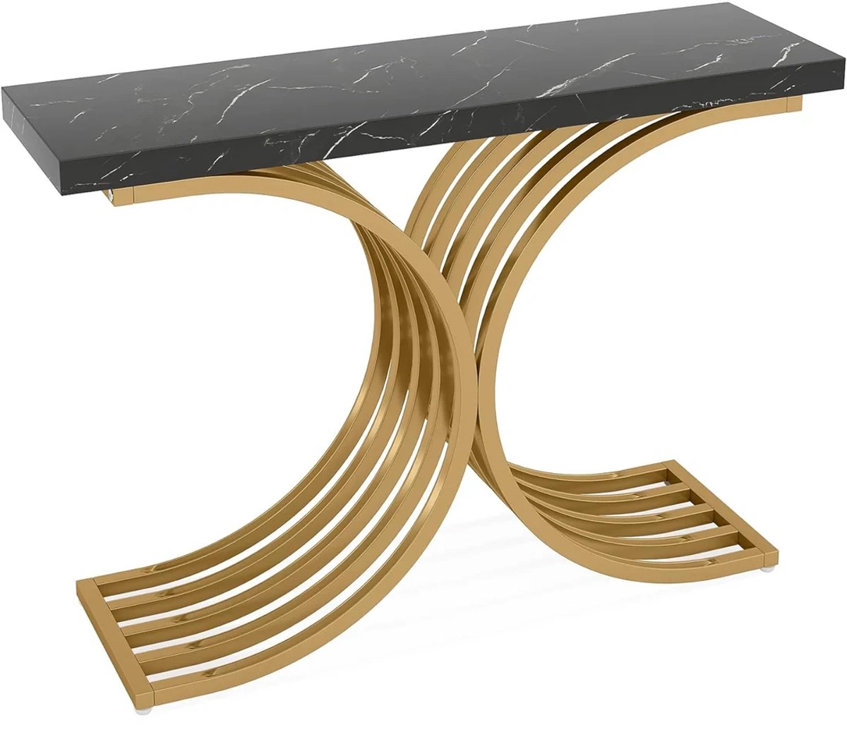 OKWISH Consoletafel – Smal Haltafeltje Met Marmerlook Blad – Woonkamer En Hal – Metaal Goud Zwart – 100x30x80 cm