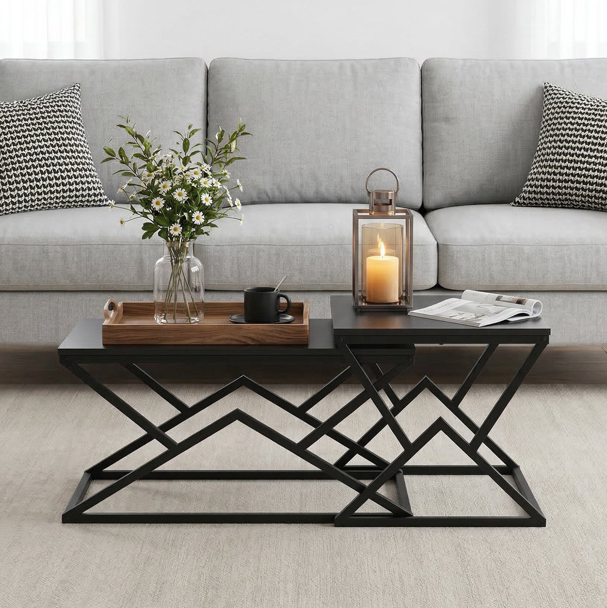 OKWISH Salontafel - Geometrisch Ontwerp - Voor Woonkamer - Metaal En Hout Zwart - 80 x 50 x 40 cm