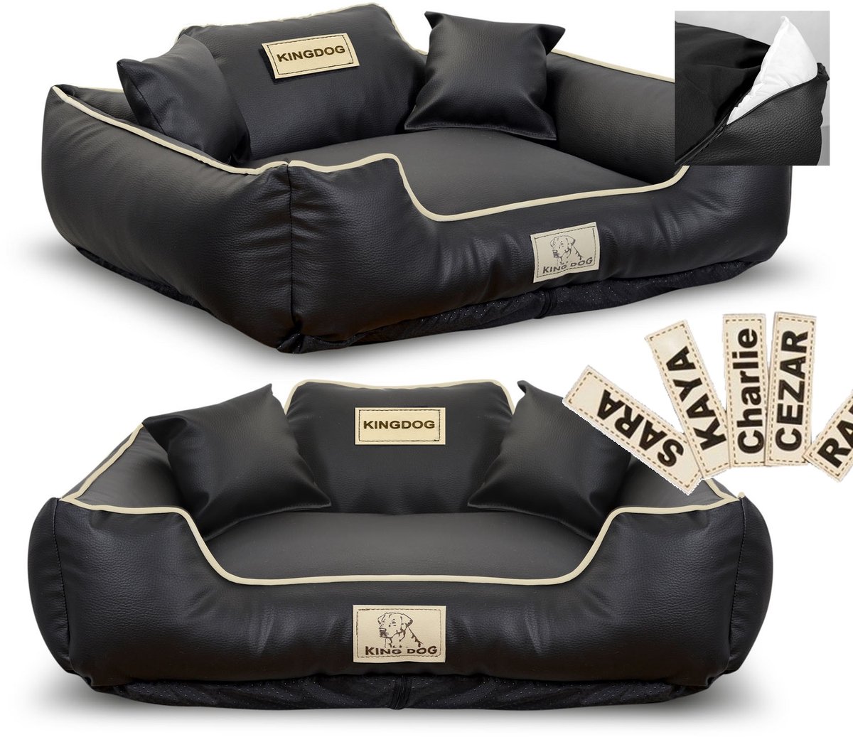 KINGDOG - Hondenbed - 115x95 cm - Zwart met Beige - Personaliseerbaar