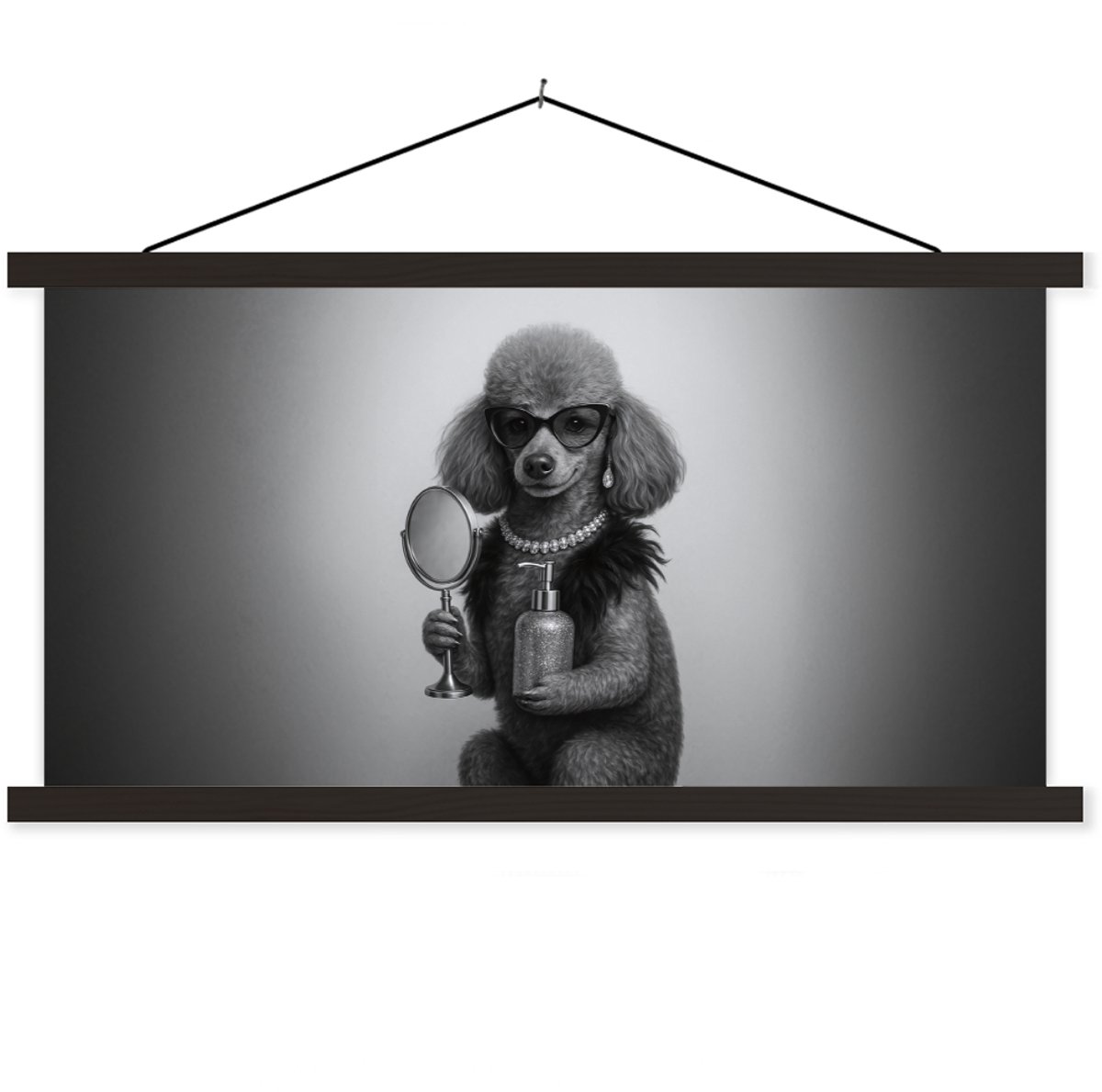 Posterhanger incl. Poster 60x30 cm - Schoolplaat - Poedel - Spiegel - Zwart - Wit - Textie