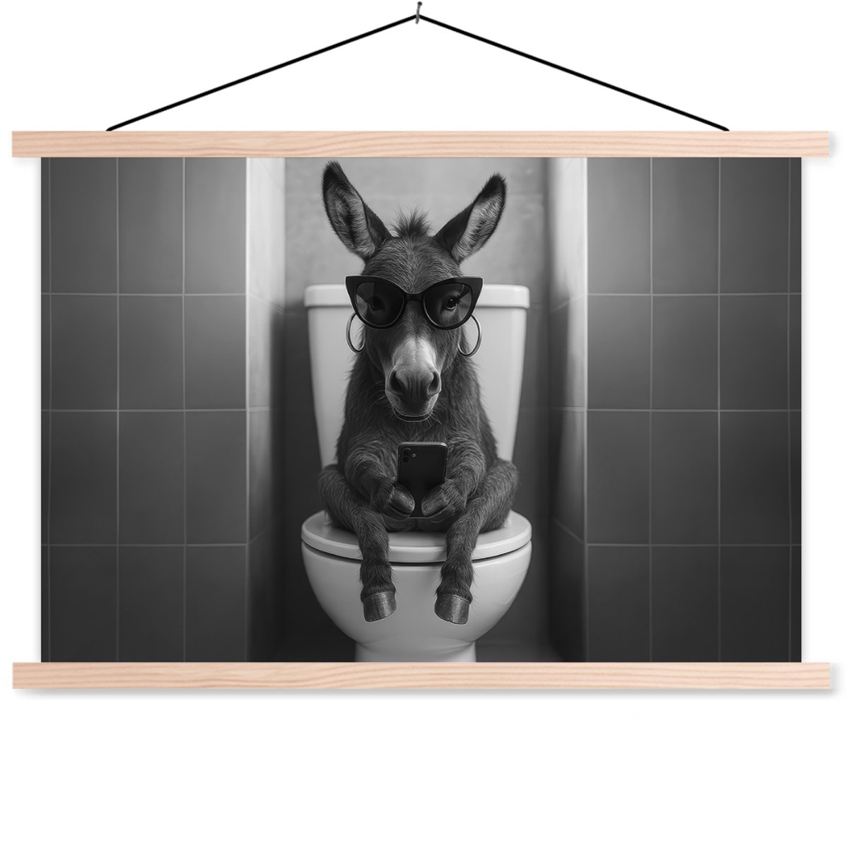 Posterhanger incl. Poster 60x40 cm - Schoolplaat - Ezel - Telefoon - Toilet - Zwart - Wit