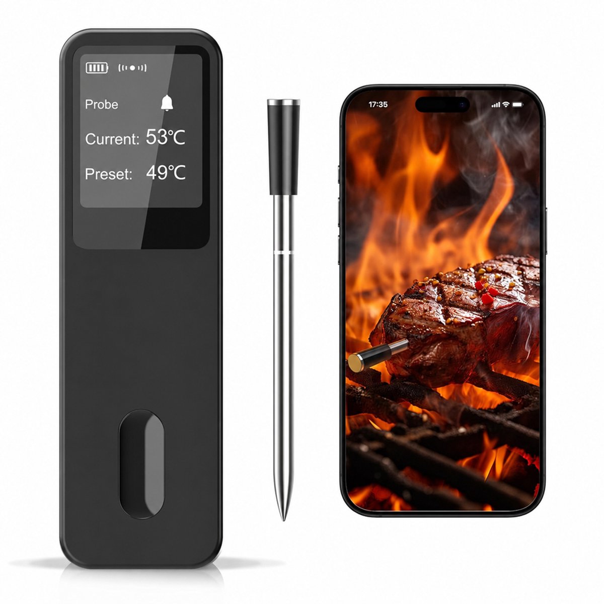 OUYLAF Vleesthermometer - bbq thermometer - BBQ thermometer - bbq thermometer draadloos - Draadloos met app - Oventhermometer - voor barbecue, oven, rotisserie