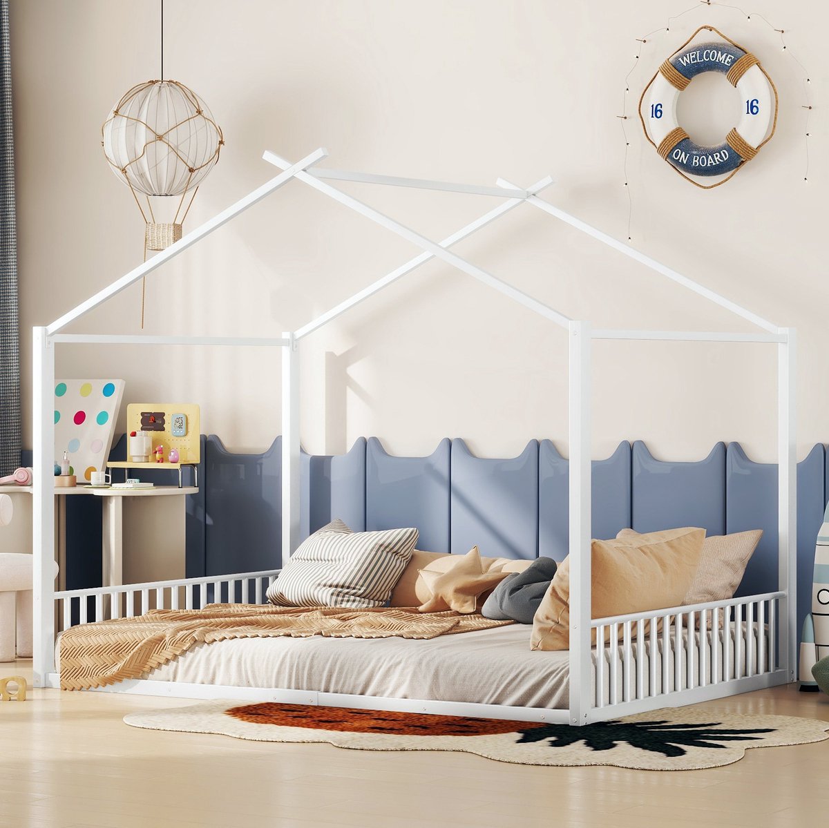 COVREO Kinderbed 140x200 cm wit metaal, huisvorm zonder matras