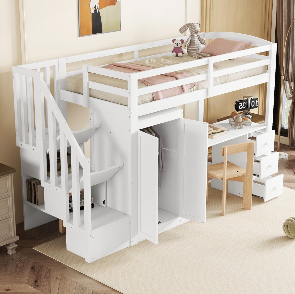 Hoogslaper, 90 x 200 cm, met lattenbodem (matras niet inbegrepen), kledingkast met ladder, bureau, lades en kast, wit.