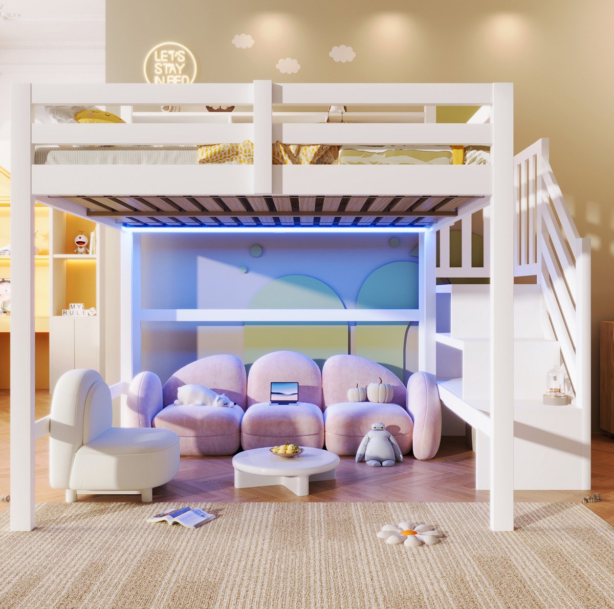 COVREO Hoogslaper met LED en opbergruimte – 253x162x175 cm – Kinderbed met trap en beveiliging – voor kinderen – Wit - zonder matras