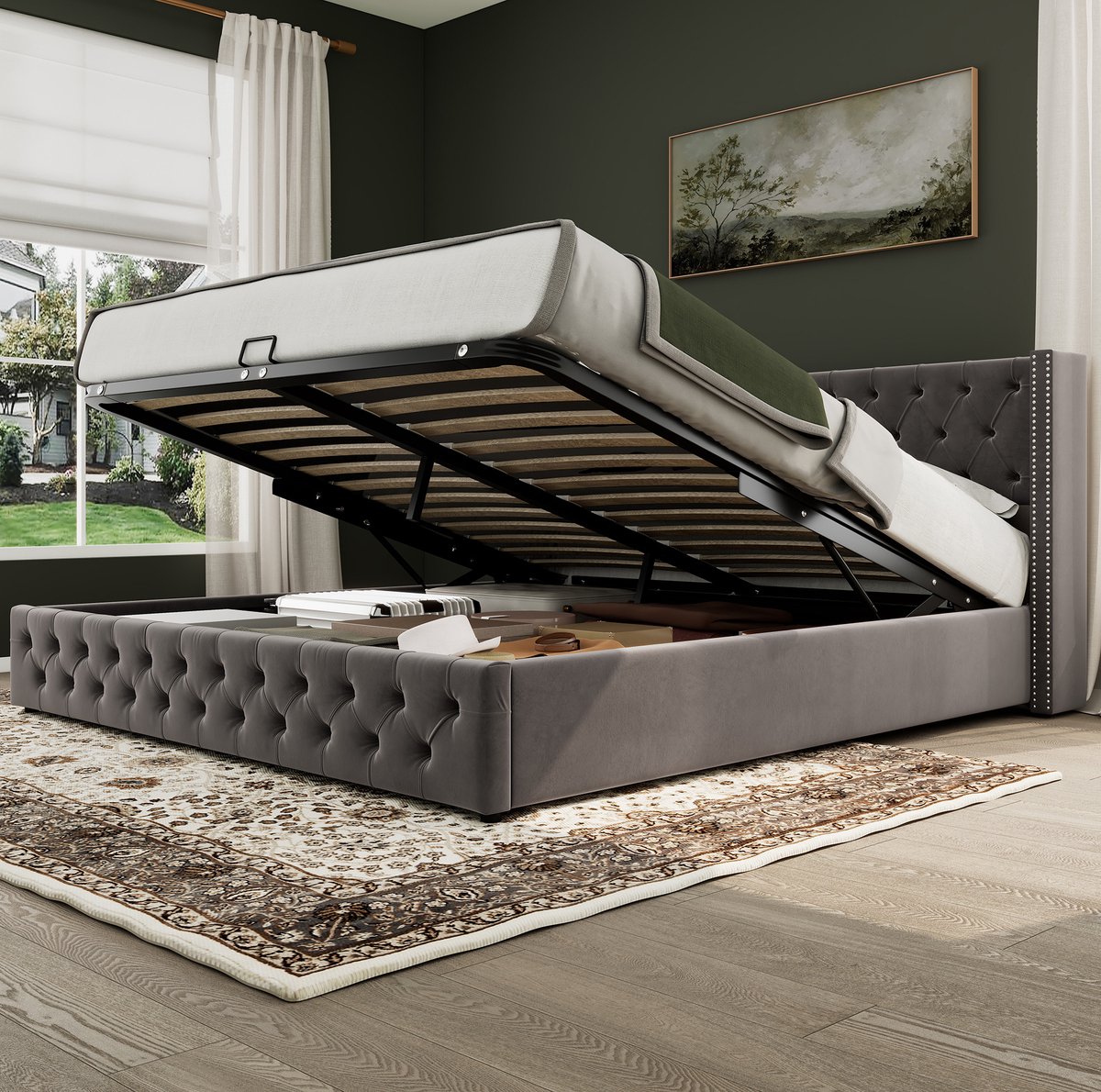 COVREO Bed 180x200 cm grijs fluweel met opbergruimte zonder matras