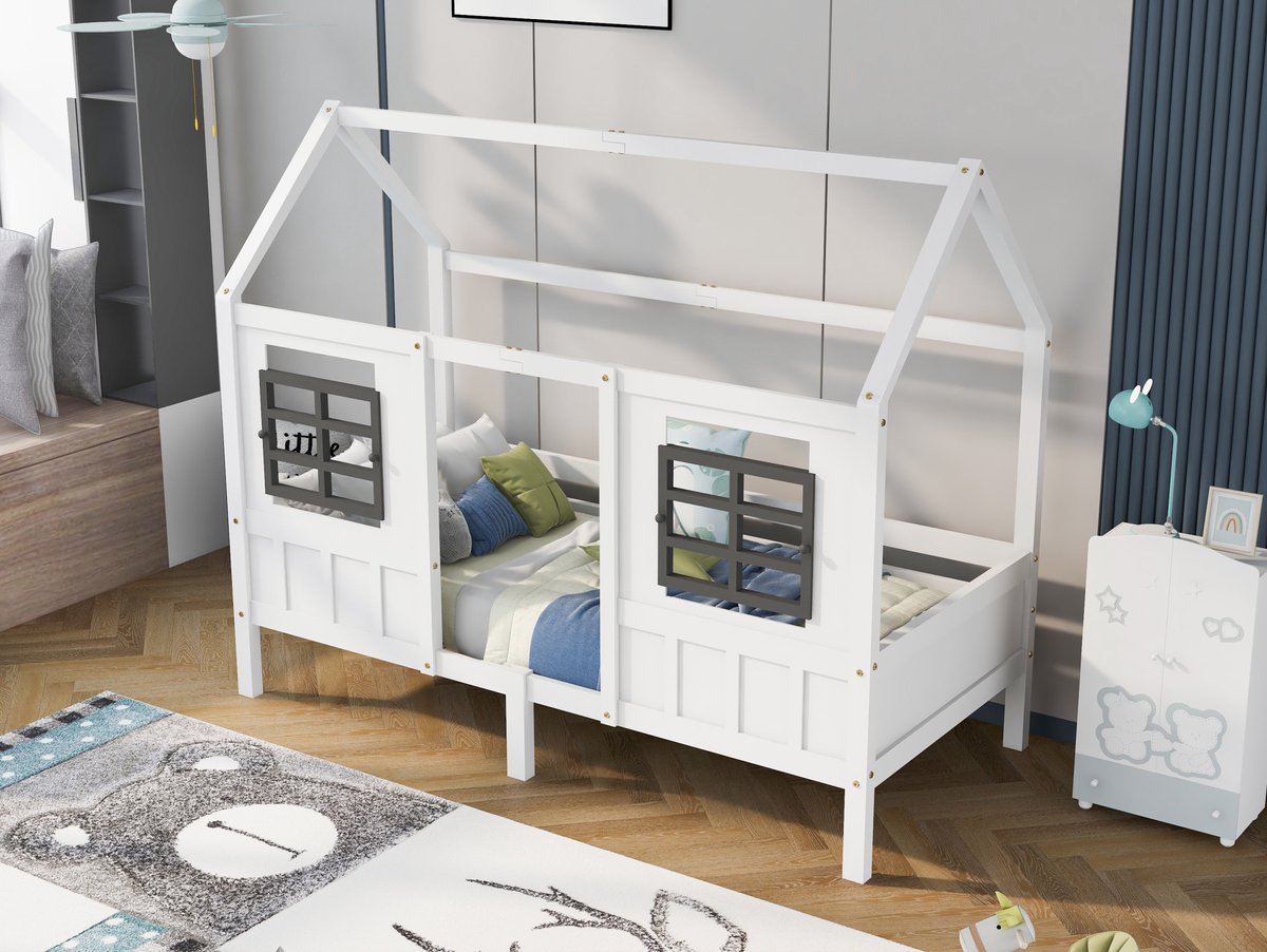 COVREO Kinderbed 207x97x174 cm - wit, grenen en MDF, 2 lades en raamdesign