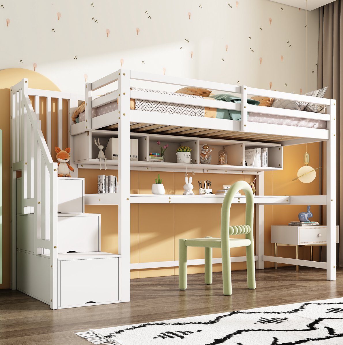 COVREO Kinderhoogslaper met opbergladder, 90*200 cm, massief hout + MDF, stapelbed, inclusief groot bureau en boekenplank, milieuvriendelijke verf, wit. White
