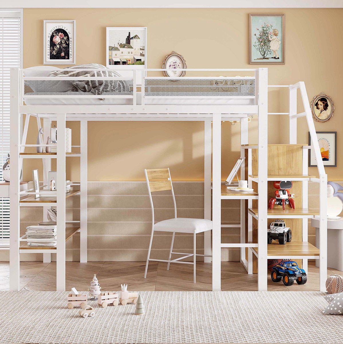 Hoogslaper (140*200 cm), opbergplank met drie niveaus, bureau, kledingkast, veiligheidstrap met opbergvakken, hoge balustrade, smeedijzeren bed, eenpersoonsbed, wit