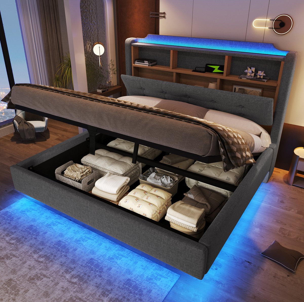 COVREO Polsterbed 140x200 cm Grijs - Gestoffeerd Bed met LED-Lichtleiste, Hydraulisch Stauraum & USB-C