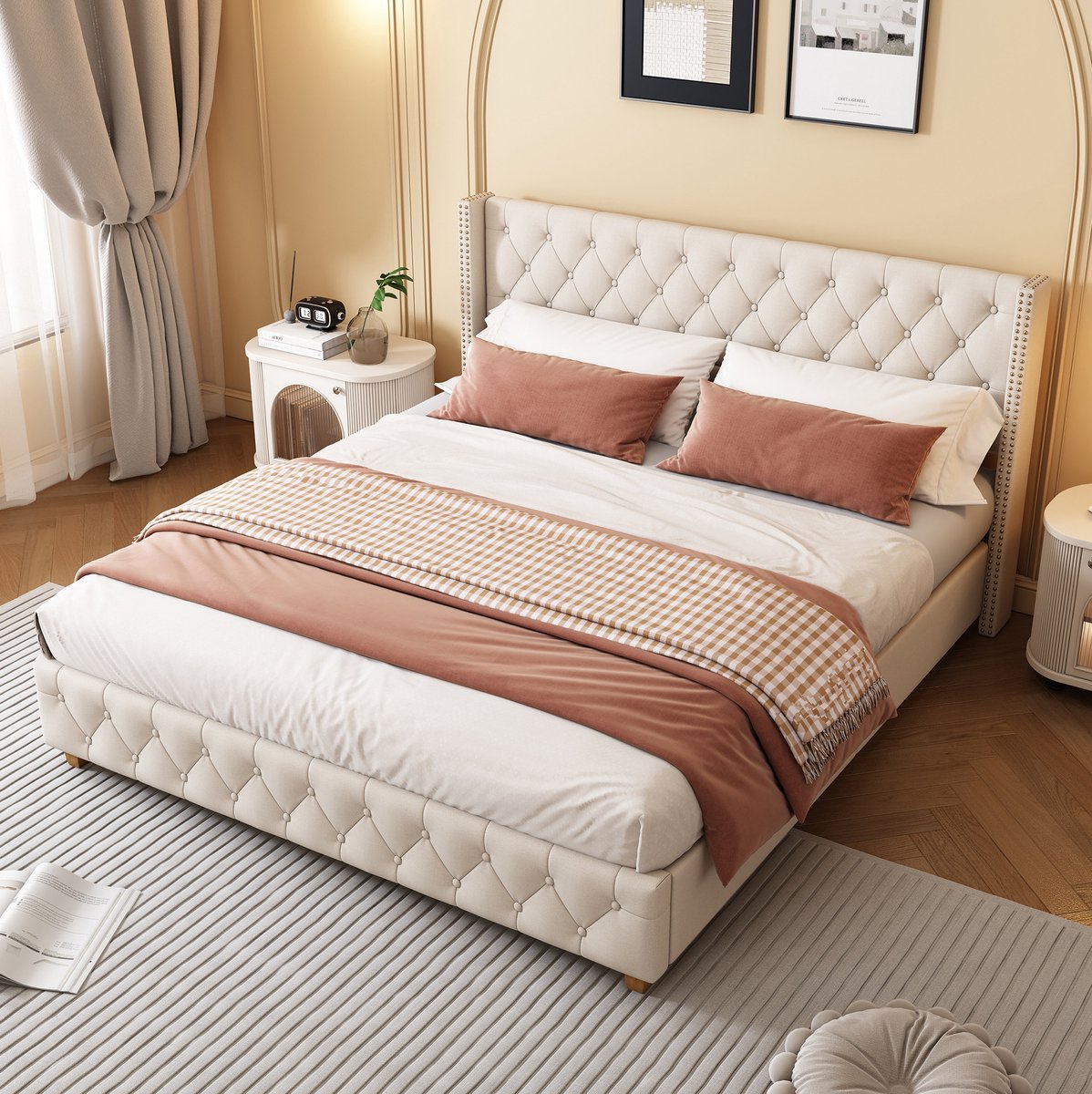COVREO Gepolsterd bed met lattenbodem – 180x200 cm – Tweepersoons bed voor volwassenen – 189x205x108 cm – Beige - zonder matras