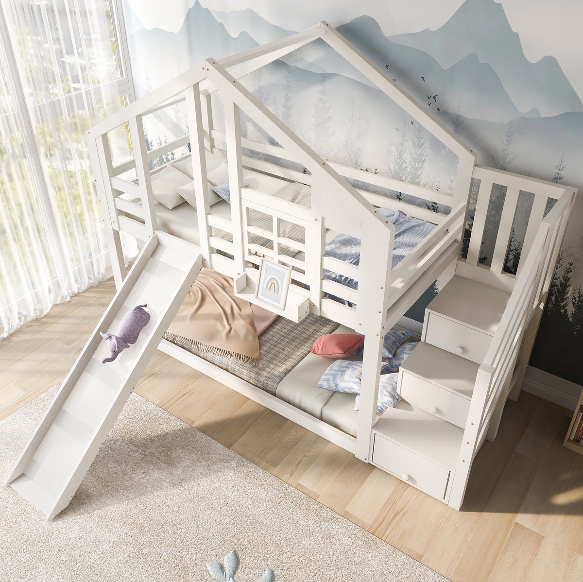 COVREO Kinderhoogslaper boomhuis 90x200 cm - met glijbaan, opbergtrap en uitvalbeveiliging, wit