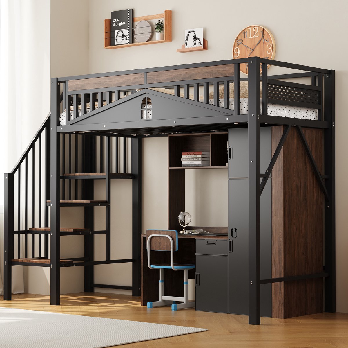 COVREO Bedframe 90x200 cm zwart met trap en opbergruimte zonder matras