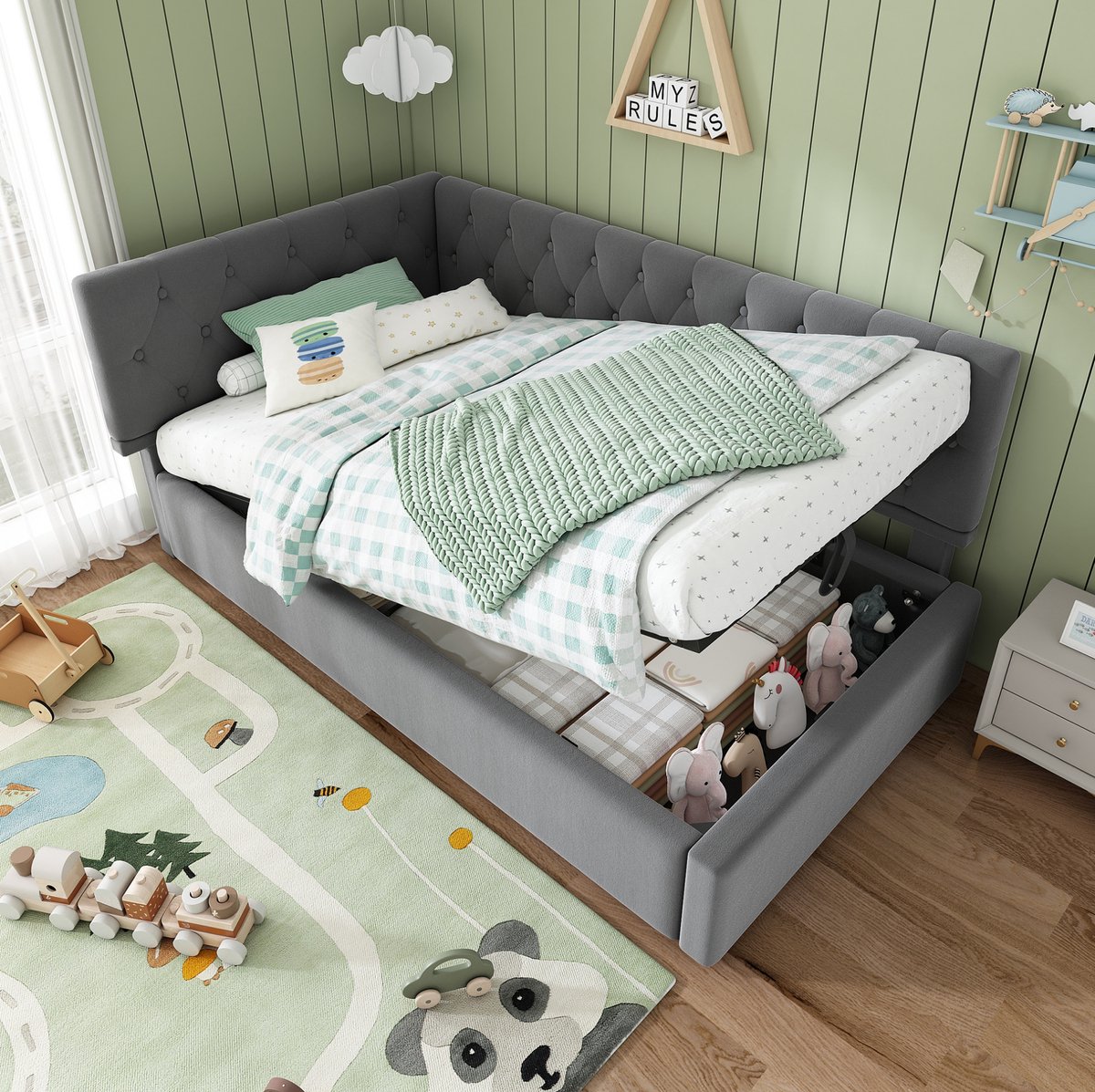 COVREO Bed 90x200 cm grijs stof met opbergruimte zonder matras