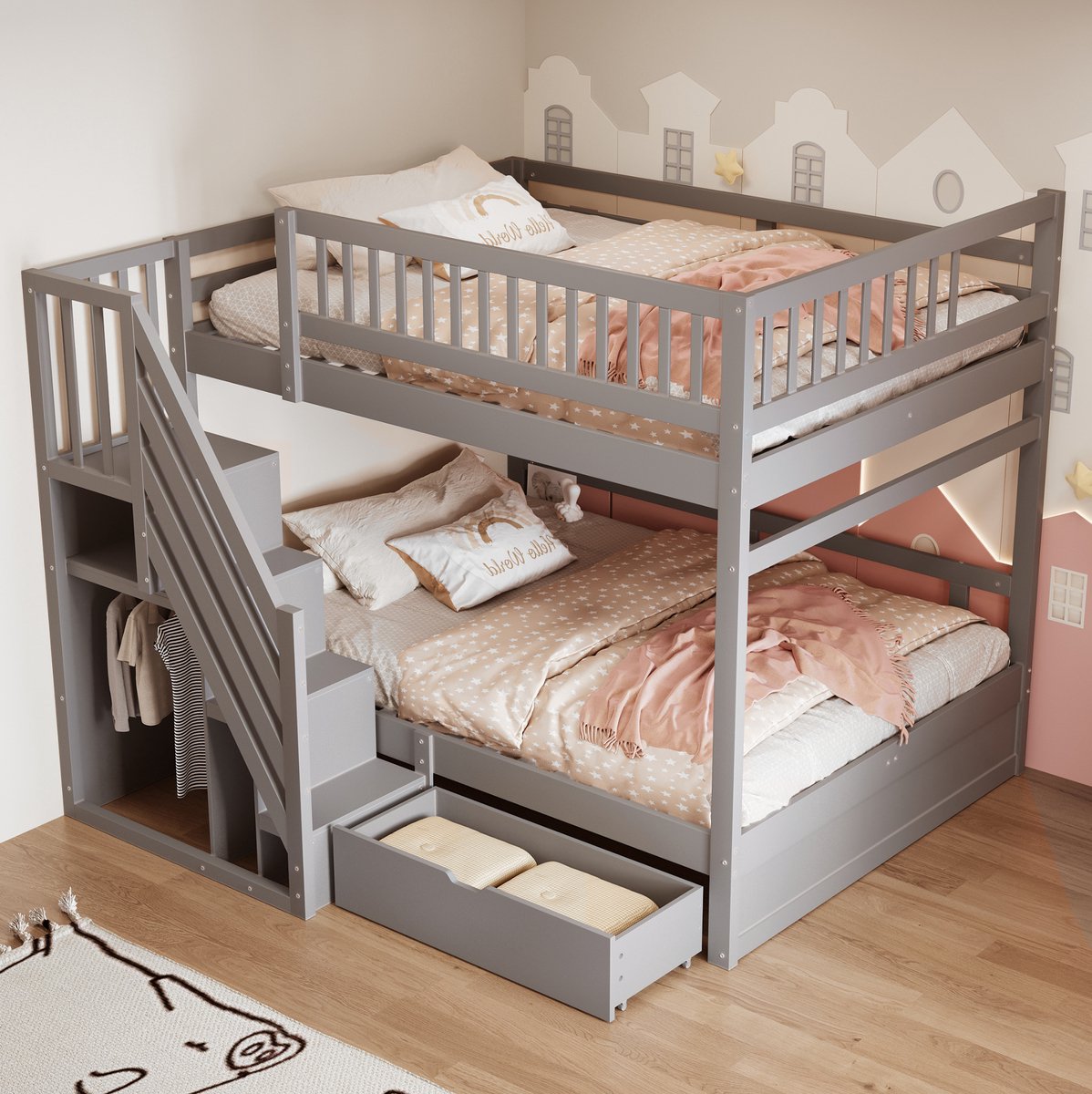 COVREO Stapelbed met bedlade – 205x145x173,5 cm – Kinderbed met lattenbodem – opbergladder en uitvalbeveiliging – Grijs - zonder matras