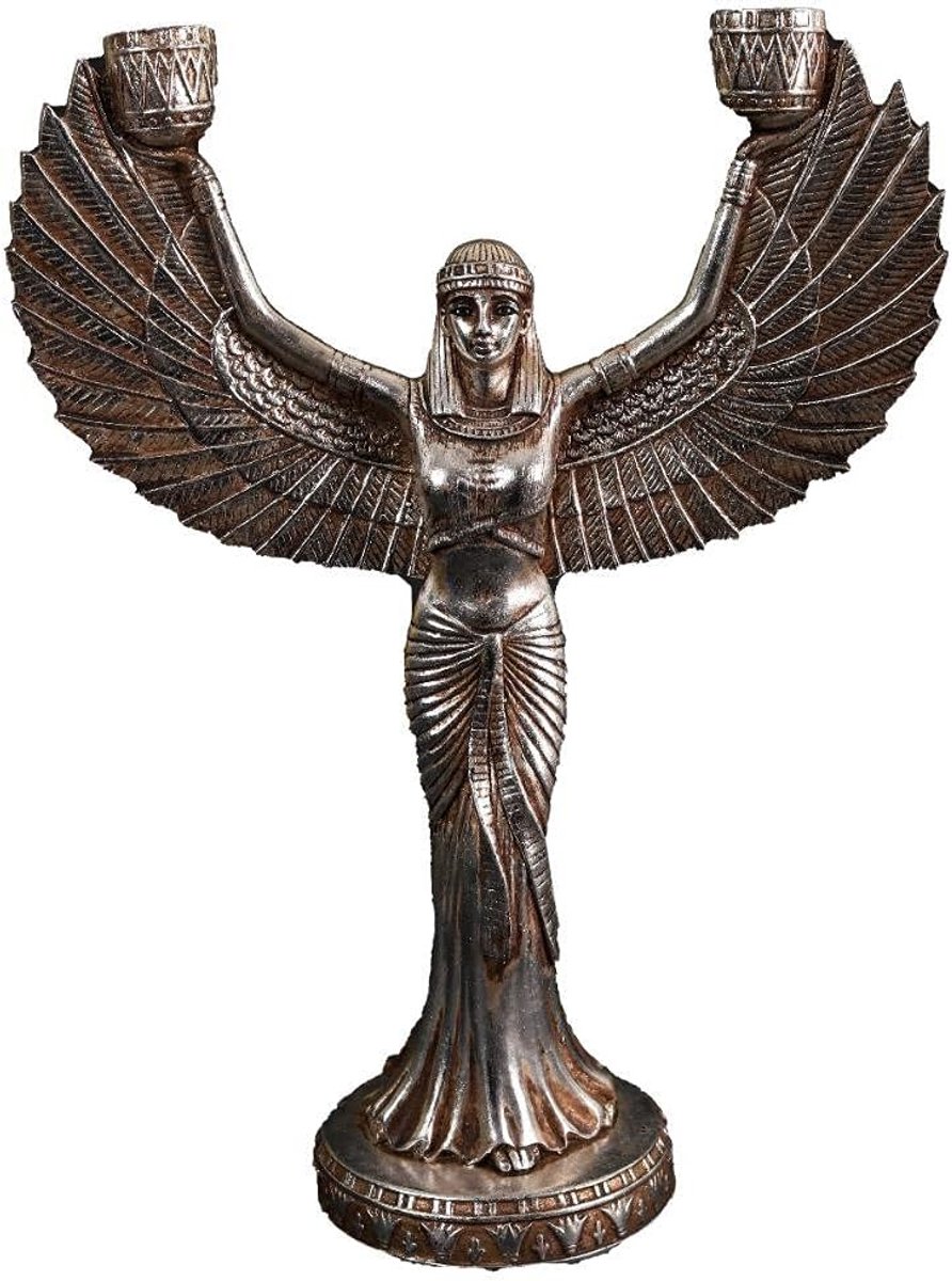 Goddess Isis Kandelaar - Vleugel Beeld - Sfeerverlichting Huis - Handgeschilderd Zilverblad - 33cm Hoog - Goud