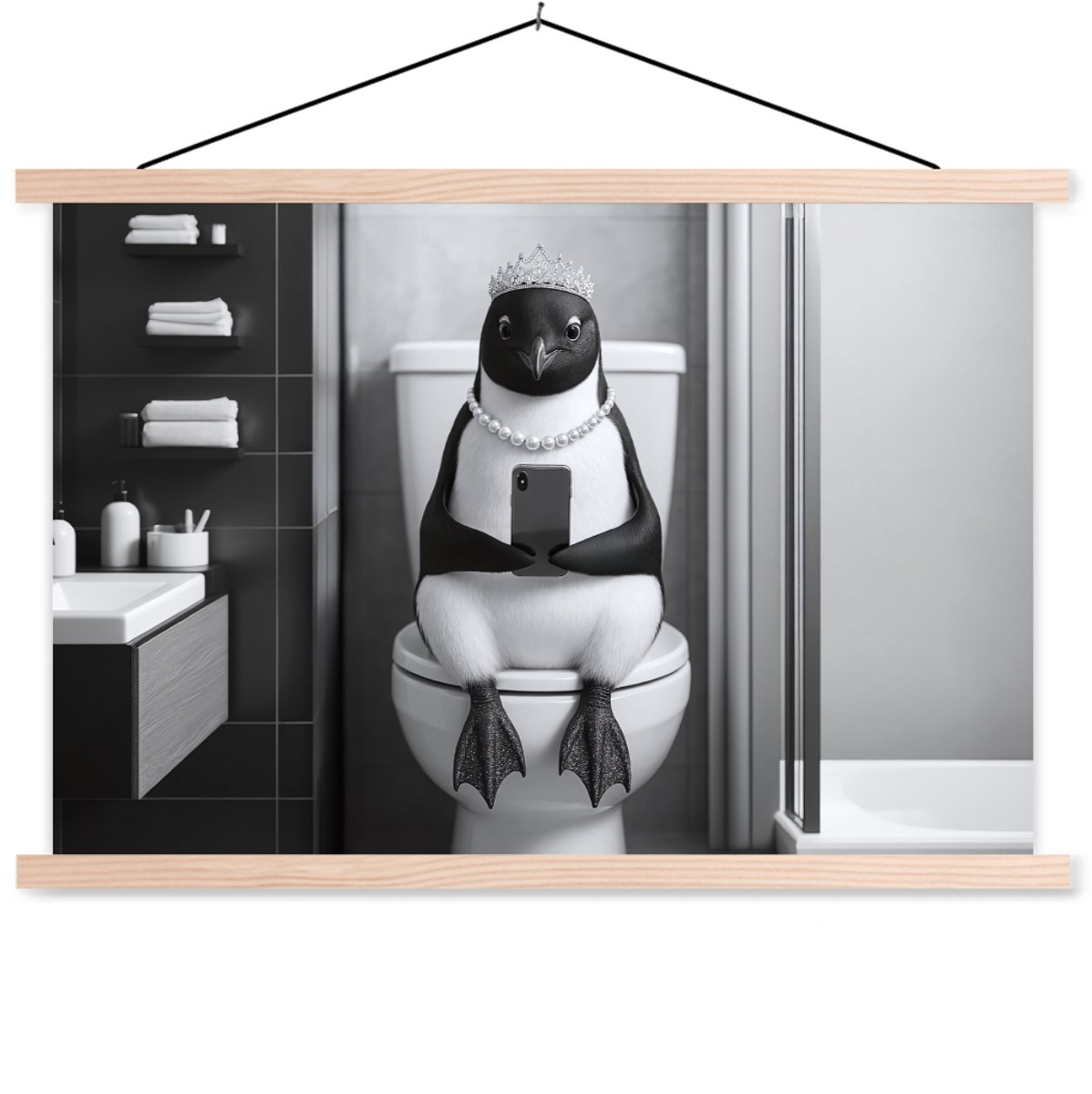 Posterhanger incl. Poster 150x100 cm - Schoolplaat - Pinguïn - Telefoon - Toilet - Zwart -