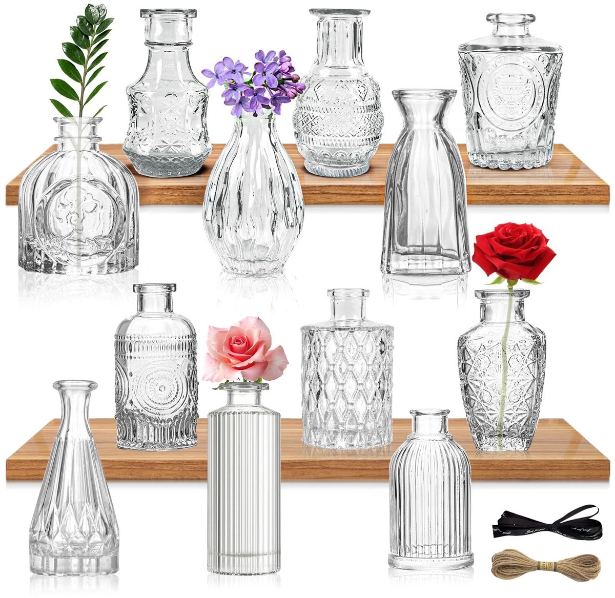 Omgoods - Set van 12 Vintage Glazen Vazen voor Bloemdecoratie