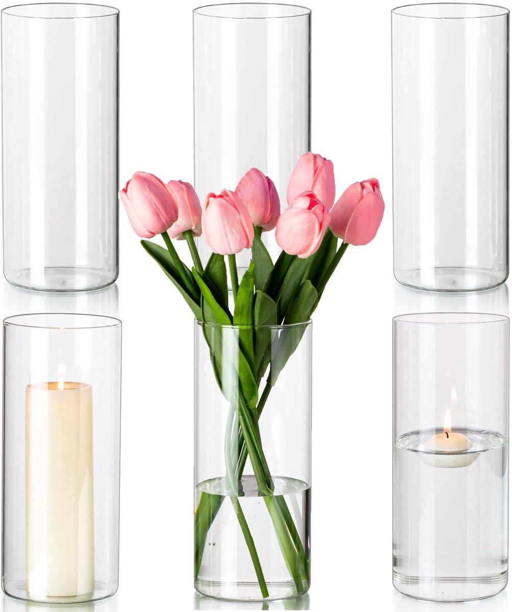 Omgoods- Bloemenvaas Set van 6 - Glazen Cilinder Vazen 20cm - Elegant en Stevig - Ronde Bloemenvaas - Kaarshouder voor Pillar Kaarsen - Modern Design