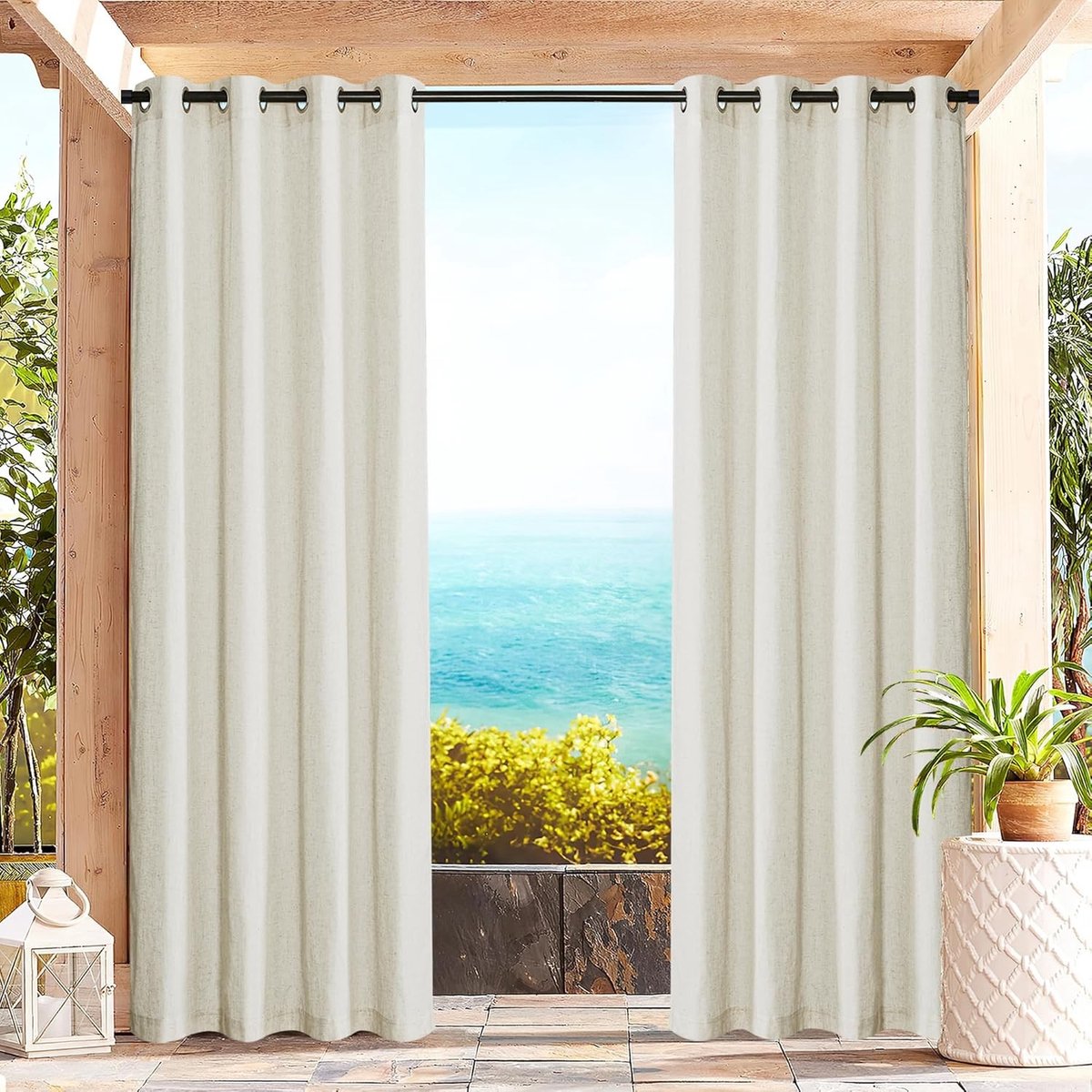 Omgoods- Buitengordijnen Waterdicht - Transparant - Lichtfilter - Linnen - 140B x 213H cm (2 Panelen) - Voor Balkon/Terras - Tuingordijnen
