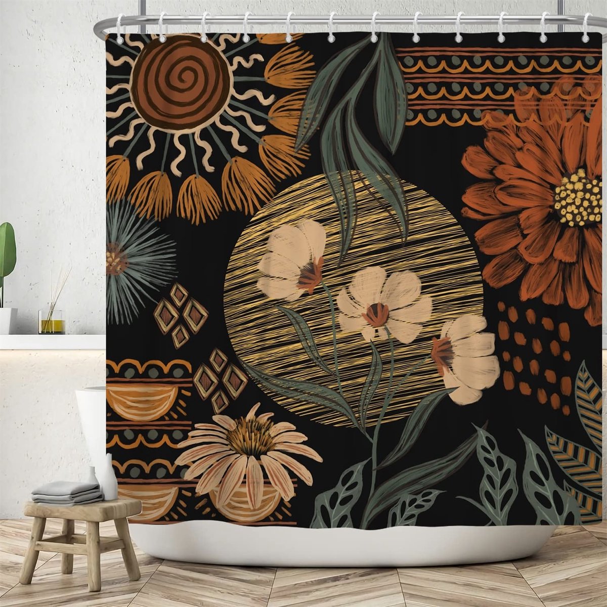 Omgoods - Boho Retro Douchegordijn - Kunstmatige Bloemen en Bladeren 180x200cm