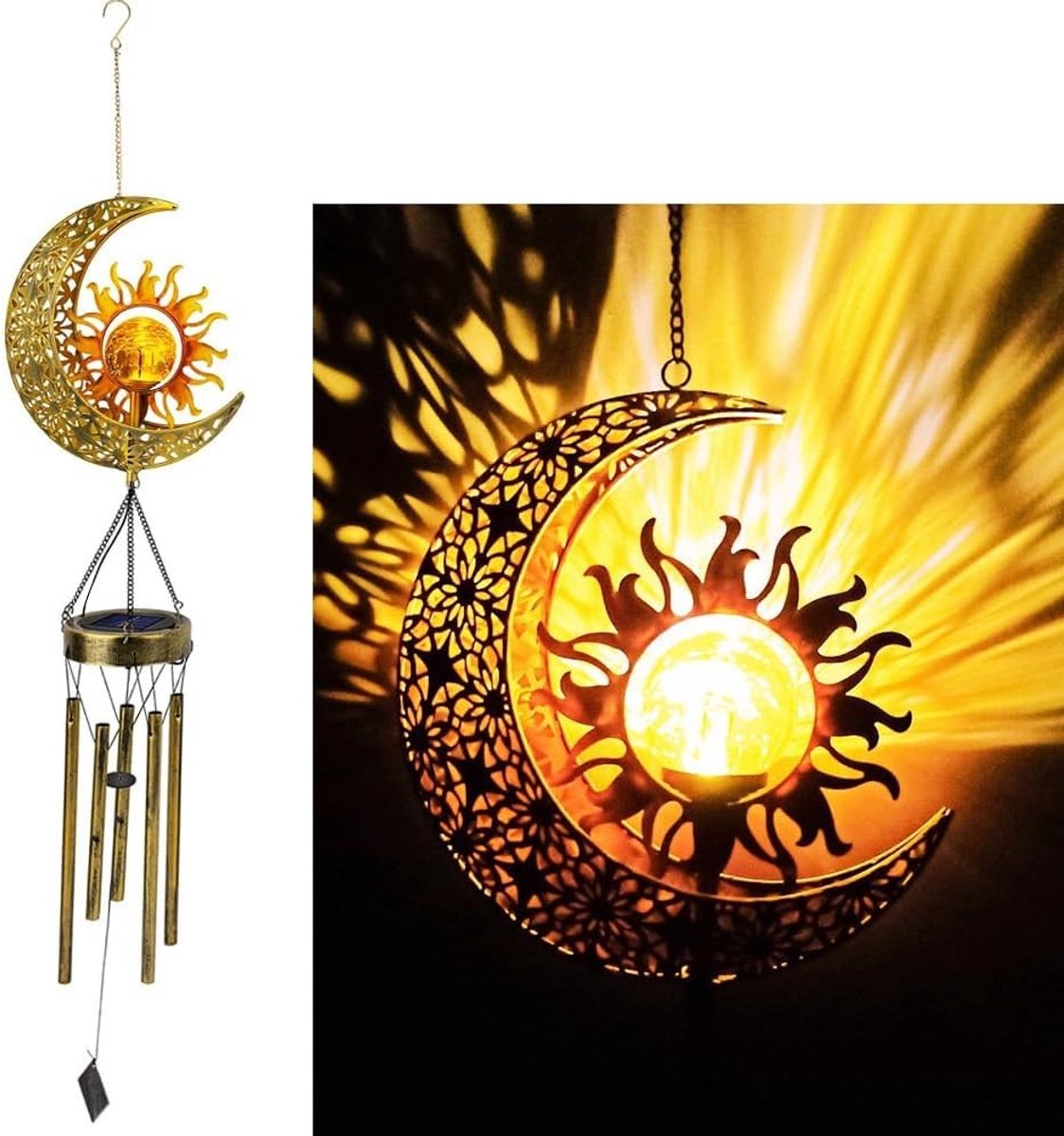 Decoratieve LED zon en manen windklok van ijzer, draagbaar buitenlicht als cadeau voor vrienden met zonne-energie.