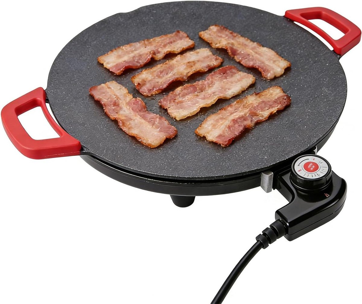 Elektrische Grillplaat - Kookplaat Binnen - Gelijkmatig Grillen - Vochtafvoerend Ontwerp - 36 cm - Rood