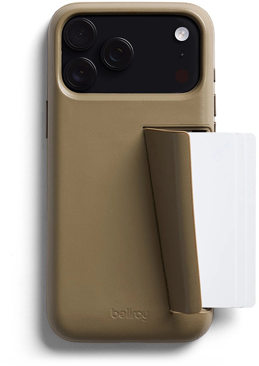 Bellroy 3 Card Portemonnee Hoesje iPhone 17 Pro Max – Opslag voor 3 Kaarten – Telefoonstandaard Functie – Gemaakt van Premium Leer en Schokabsorberend Polymeer - Beige