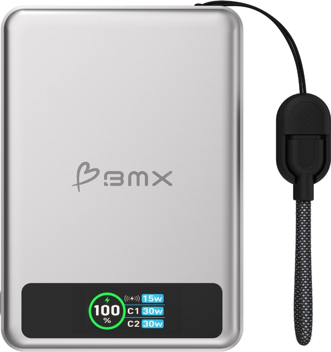 BMX SolidSafe Solid-State Qi2 Magnetische Powerbank – Draadloos opladen 15W – USB-C uitgang 30W – Compact en Duurzaam Ontwerp - Grijs
