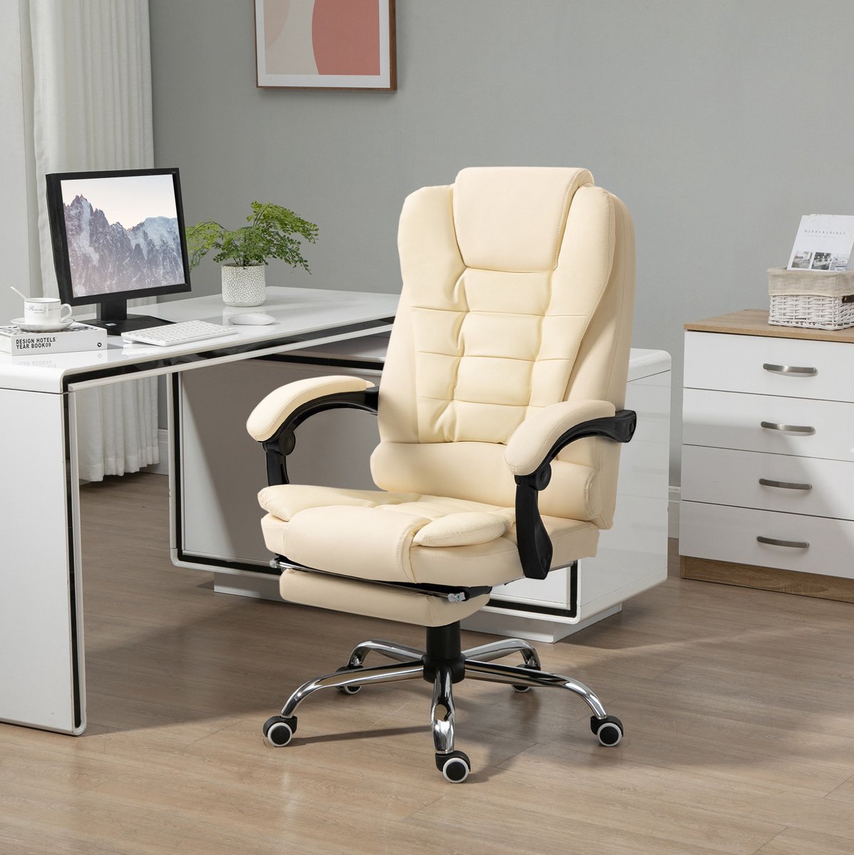 COVREO Bureaustoel 64,5x69x117 cm cream white, kunstleer met voetsteun