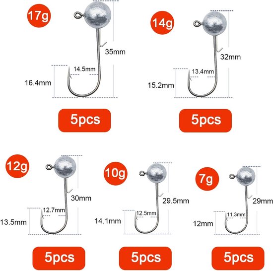 SnelShoppen - Lead Head Jig Haak Kit (25st), 7g/10g/12g/14g/17g, Sharp Jig Heads, Duurzaam en Corrosiebestendig, Voor Zoetwater en Zoutwater, Inclusie — afbeelding 5