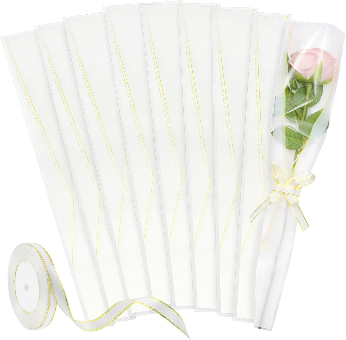 SnelShoppen - Enkele Rozenhoes 50 Stuks Bloemenzakken met Witte Linten en Gouden Rand - 17,7 x 4,7 Inch - Perfect voor Huwelijksverjaardag, Valentijns