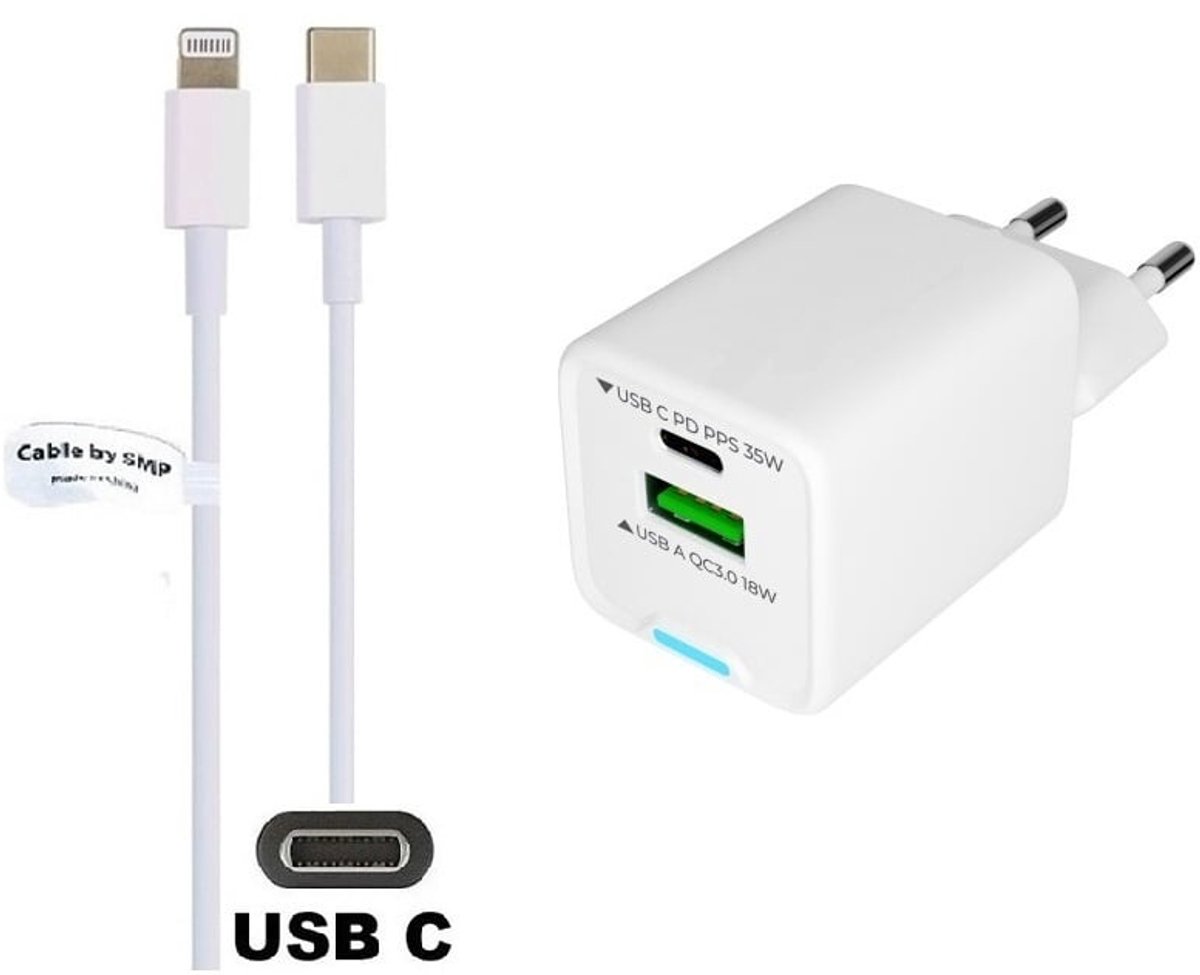OneOne 35W super snellader met 2 poorten en screenprotector van glas voor iPhone 12 + 0,95m USB C naar Lightning kabel. PD lader. Universele oplader adapter. Glazen screenprotector past op Apple iPhone 12