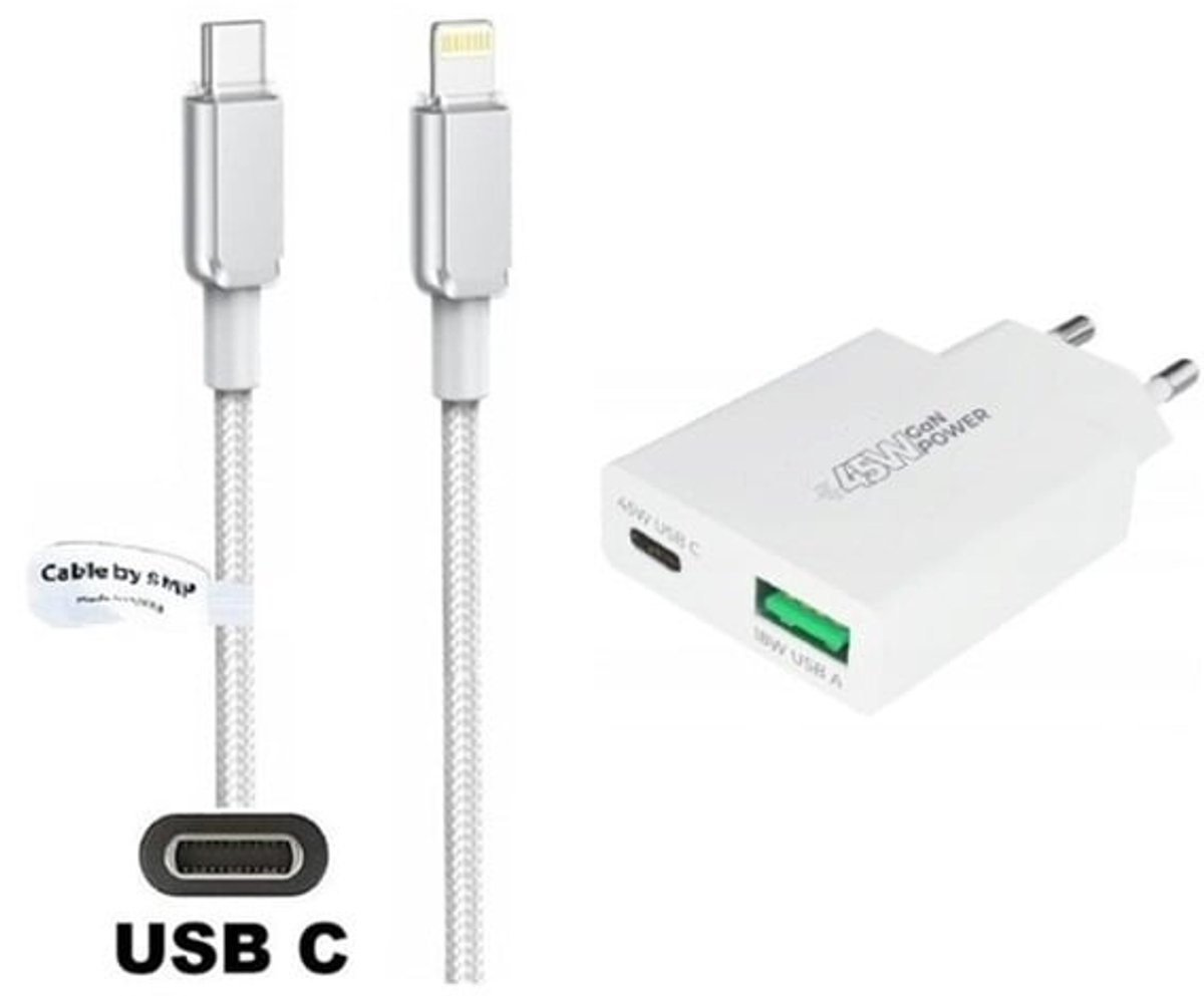 45W super snellader met 2 poorten en screenprotector + 1,0m USB C naar Lightning kabel. Universele PD PPS lader. Compacte GaN oplader adapter. Glazen screenprotector past op Apple iPhone 13 Pro Max & iPhone 14 Plus