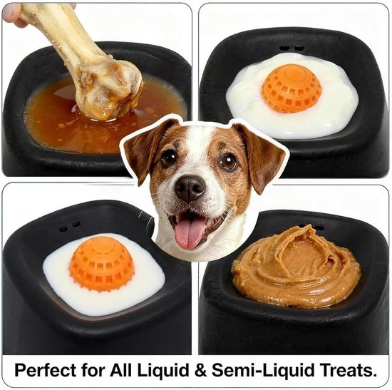 Collage van een hond met vier opnames van een zwart voerbakje gevuld met verschillende lekkernijen: bottenbouillon, melk met oranje bal, en pindakaas.