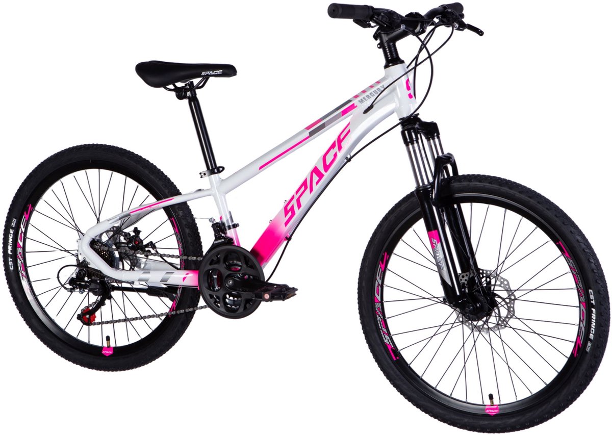 Mercury – Kinderfiets – 24 inch – 21 versnellingen – Schijfremmen – 130-160 cm – Wit/Roze – Meisje