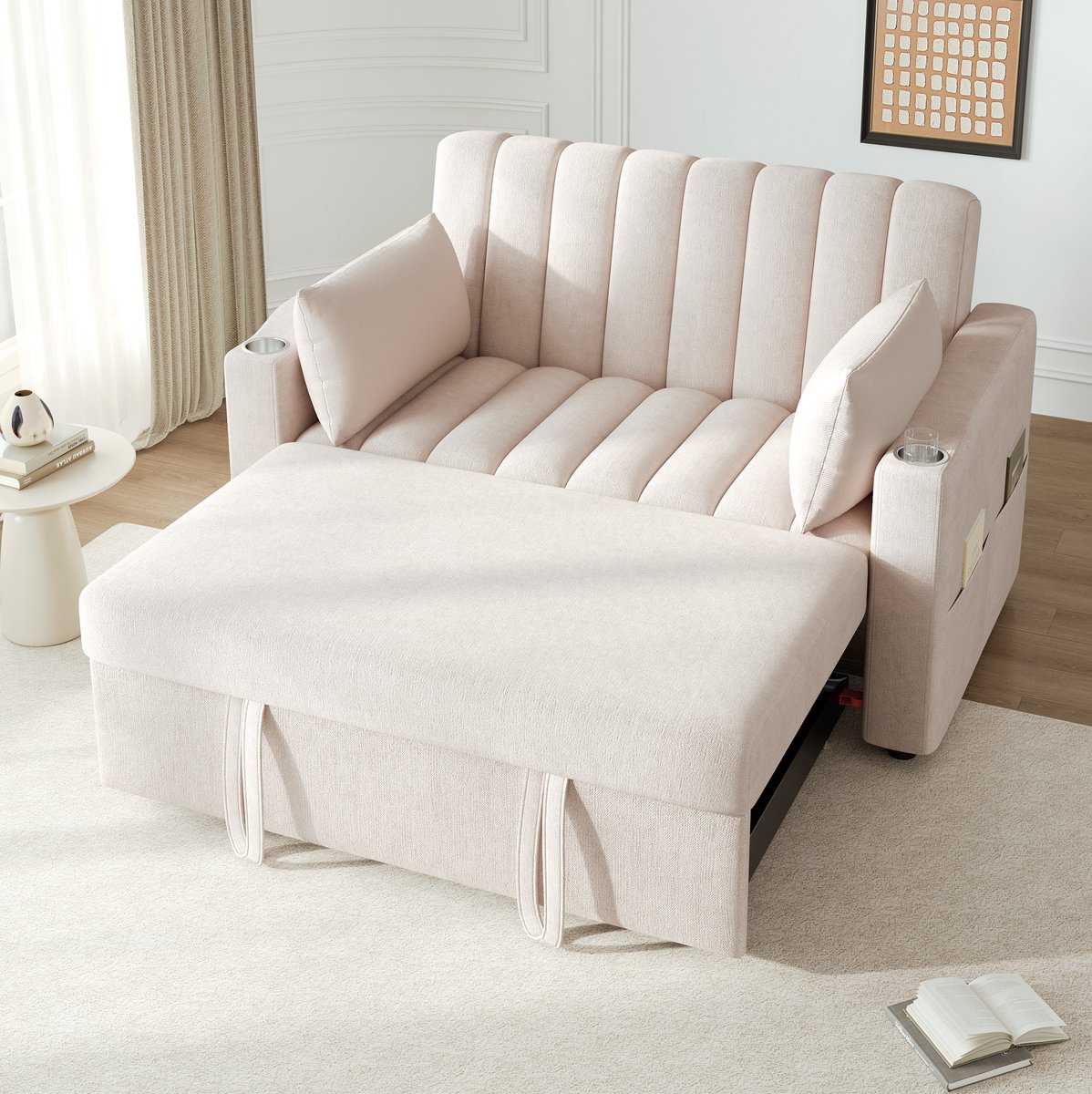 COVREO Slaapbank 136x162 cm beige, katoen en linnen met bekerhouders