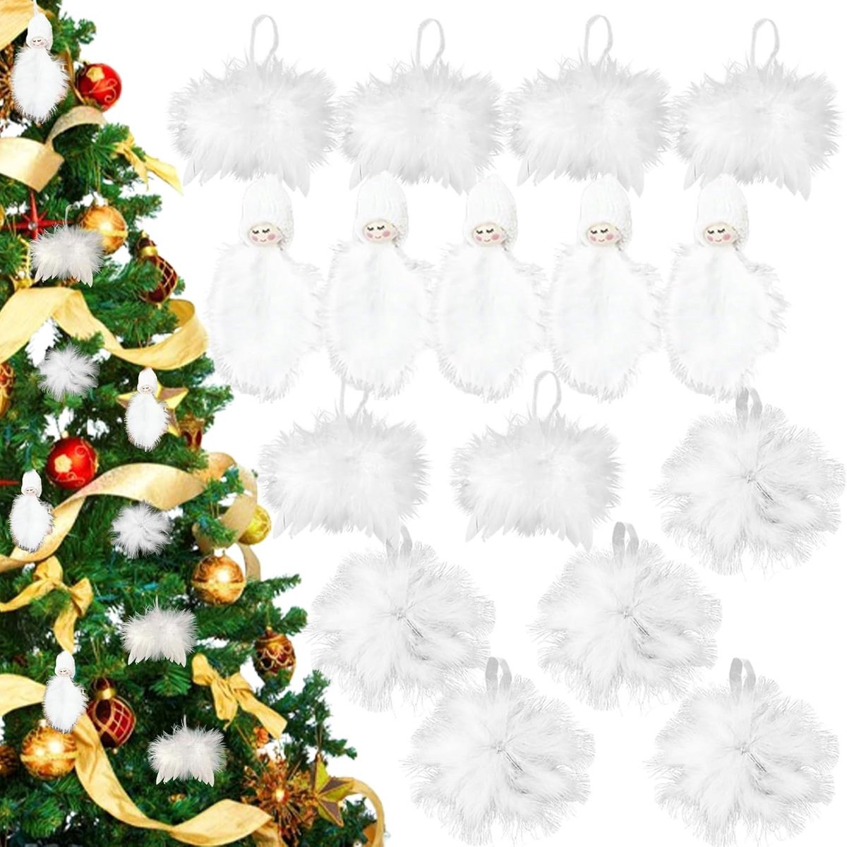 SnelShoppen - 16 Stuks Kerstdecoraties, Witte Kerstboom Versieringen, Veerdecoratie, Gepersonaliseerde Engelvleugels Hangers, Ornamenten voor Binnen e