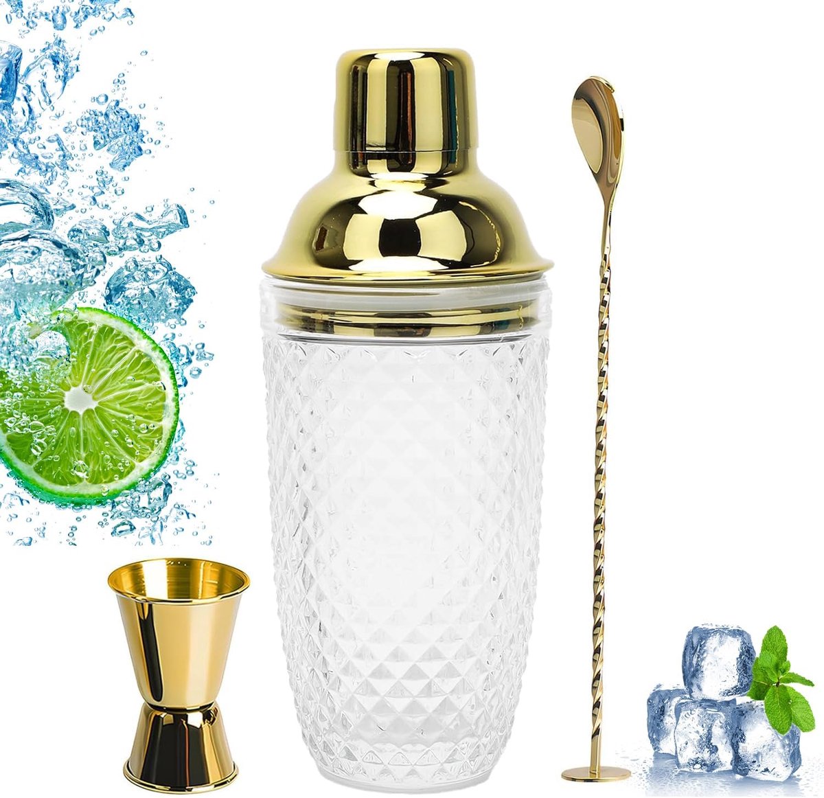 Clear Glass Cocktail Shaker Gold 400 ml Martini Shaker Glass Cocktail Shaker with Dispenser, Stainless Steel Scoop for - ShopVlot