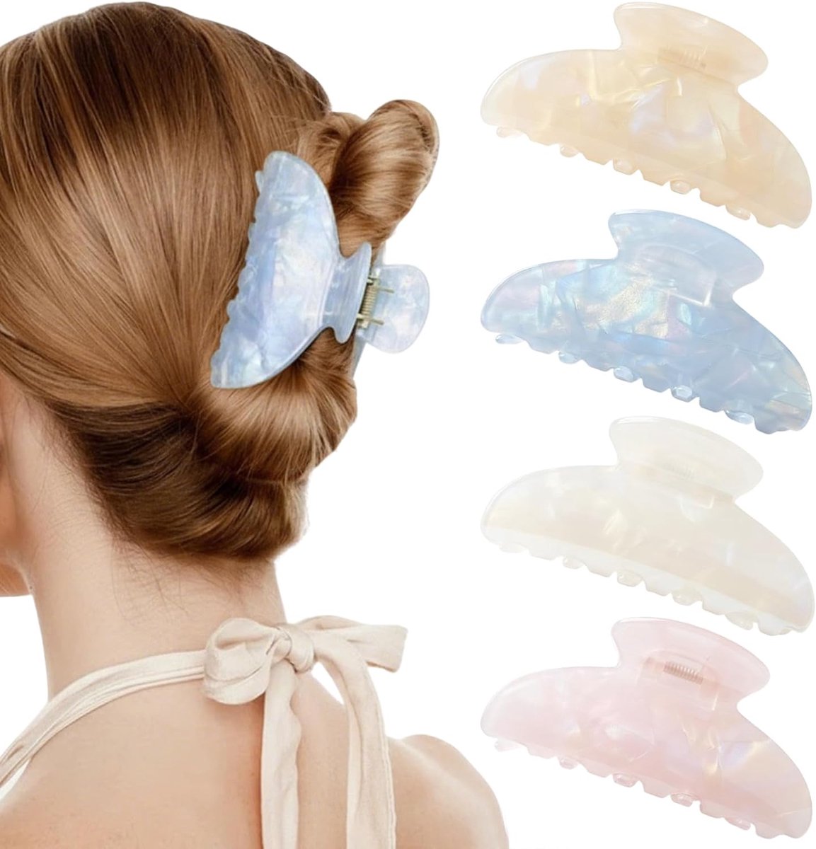 SnelShoppen - 4 Stuks Acetaat Haarclips, Moeder van Parel Klemclip (8.2 cm) - Grote Haarclips voor Dik Haar in 4 Kleuren (Wit, Geel, Roze, Blauw) - El
