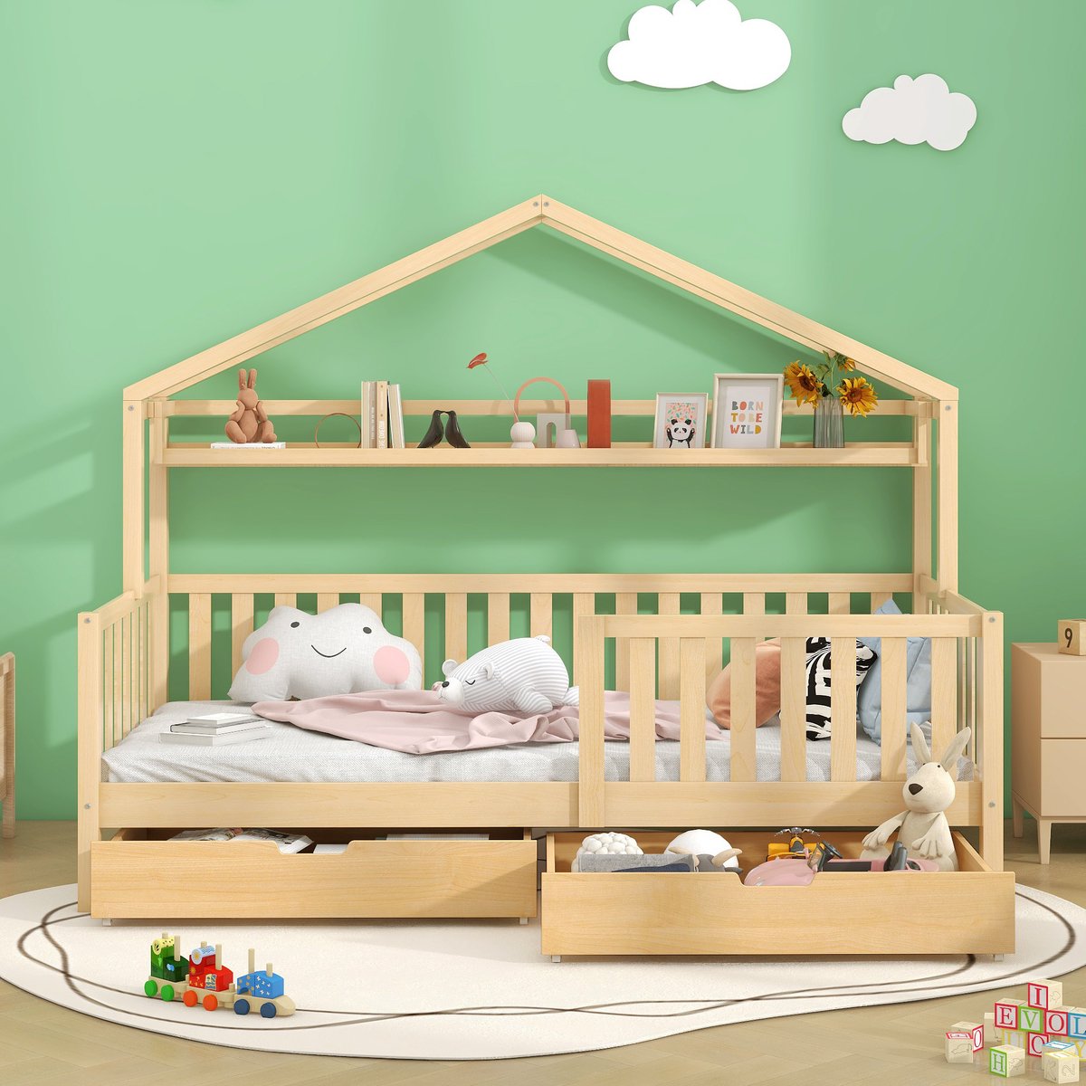 Kinderbed 90x200 cm - Houten Huisbed Met 2 Laden En Veiligheidsrek Natuurlijk