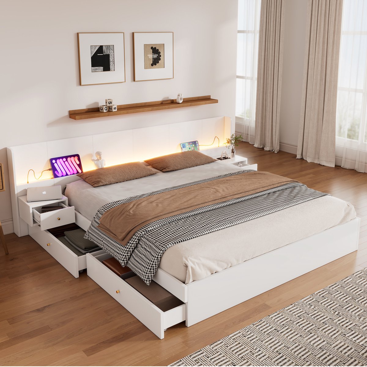 Gestoffeerd Bed 180x200 cm - Houten Tweepersoonsbed Met LED Verlichting, USB Poort, Stopcontact, App Bediening, 2 Nachtkastjes Met Laden, Lattenbodem, Opbergruimte, Wit