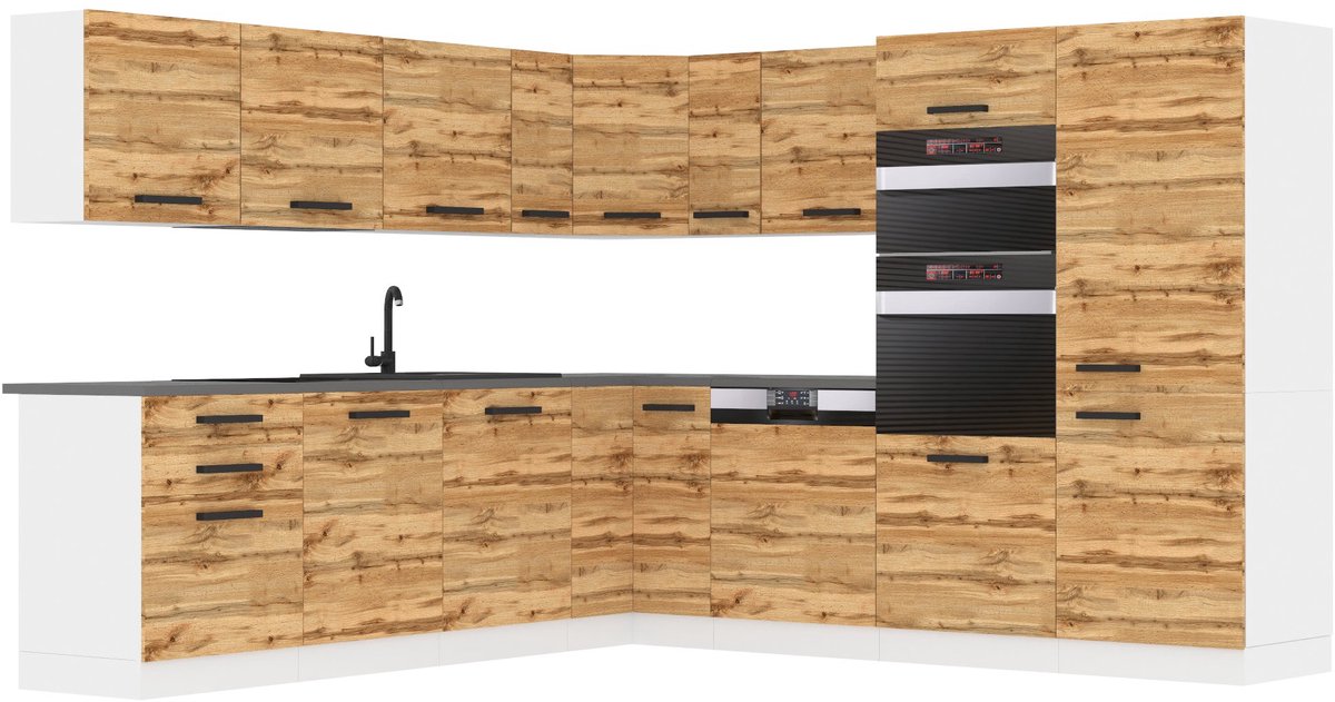 BELINI L-Vorm Keukenblok JANE - Keukenmeubel Set 480 cm Wotan Eiken met Werkbladen - Boven- en Onderkasten