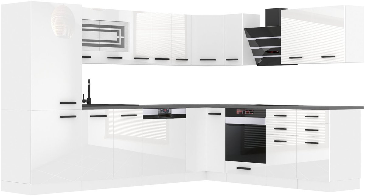 BELINI L-Vorm Keukenblok JULIE - Keukenmeubel Set 460 cm Wit Hoogglans met Werkbladen - Boven- en Onderkasten
