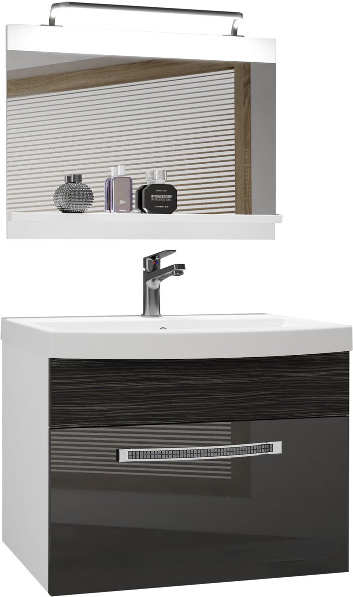 BELINI Badkamermeubel Set GLA PM 1 - Badmeubelset 60 cm Zilver/Ebbenhout Royal Hoogglans en Mat met Wastafel, Spiegel en LED Lamp - Wandmontage