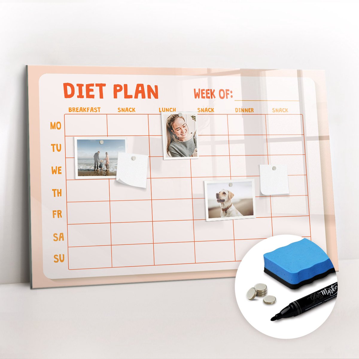 Tulup Whitebord - Wekelijkse maaltijdplanner voor het gezin - 90 x 60 cm - Oranje Magnetisch Bord - Gratis 5 Sterke Magneten + Whiteboard Marker & Wisser - Organizer Muur - Memobord Magnetisch - Organiseer Je Bureau