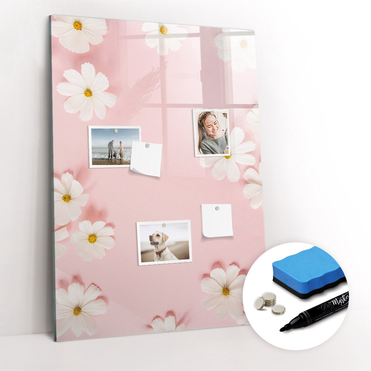Tulup Whitebord - Madeliefjes - 70 x 100 cm - Roze Memobord Glas - Gratis 5 Sterke Magneten + Whiteboard Marker & Wisser - Scandinavisch Design Bord - Magneetbord Muur - Planning Muur