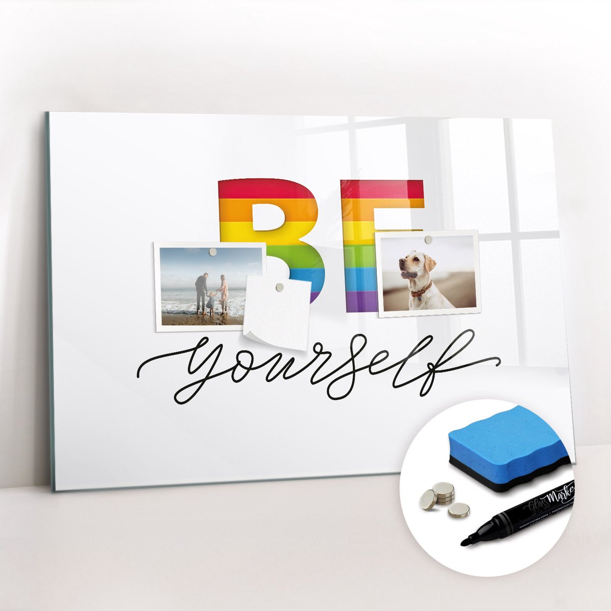 Tulup Whitebord - Het opschrift luidt: wees elke dag jezelf. - 60 x 40 cm - Veelkleurig Magnet Board - Gratis 5 Sterke Magneten + Whiteboard Marker & Wisser - Moderne Wanddecoratie - Magnetisch Bord Kind - Notitiebord Werkplek