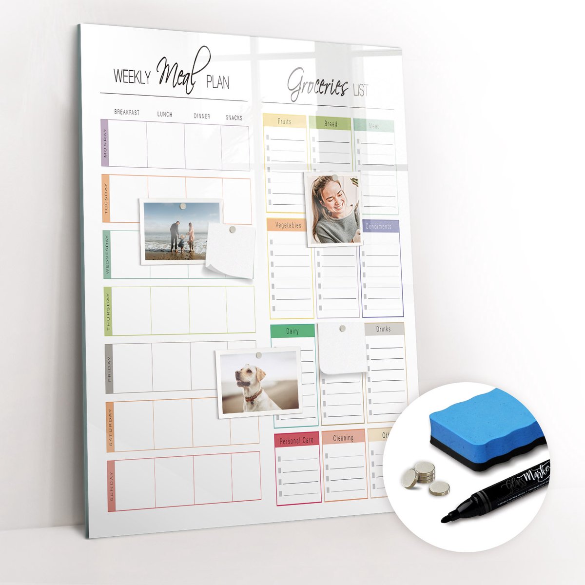 Tulup Whitebord - Weekmenu - 70 x 100 cm - Veelkleurig Foto Magneetbord - Gratis 5 Sterke Magneten + Whiteboard Marker & Wisser - Organizer Muur - Magneetbord Rechthoekig - Organiseer Je Bureau